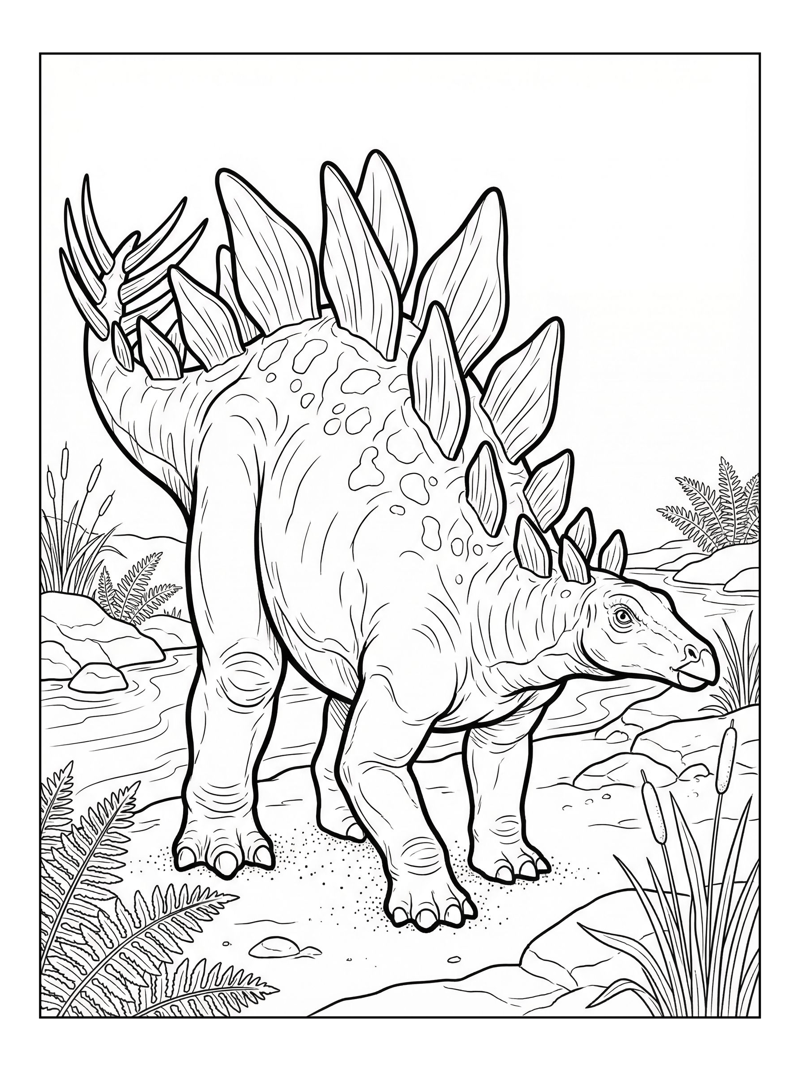 Stegosaurus Guarding River Bank Scene