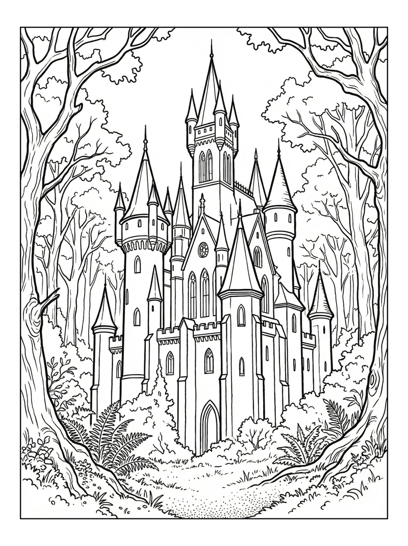 Gothic Castle Rising In Forest Clearing