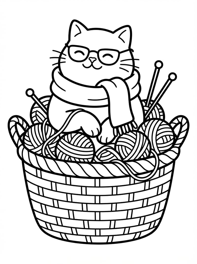 Cat In Basket With Yarn And Knitting Needles