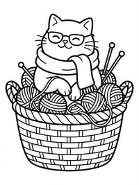 Cat In Basket With Yarn And Knitting Needles