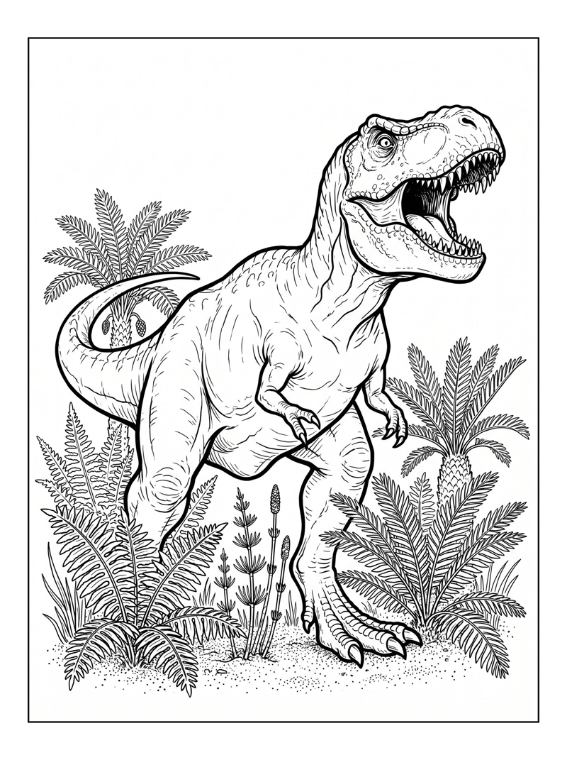Tyrannosaurus Roaring In Fern Field