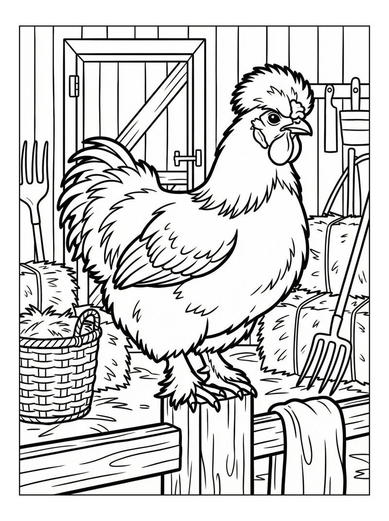 Silkie Chicken Perching In Barn