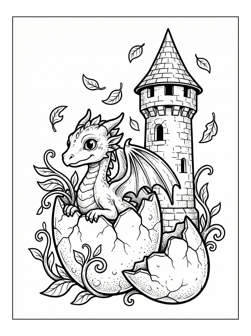 Baby Dragon Hatching Near Castle Turret