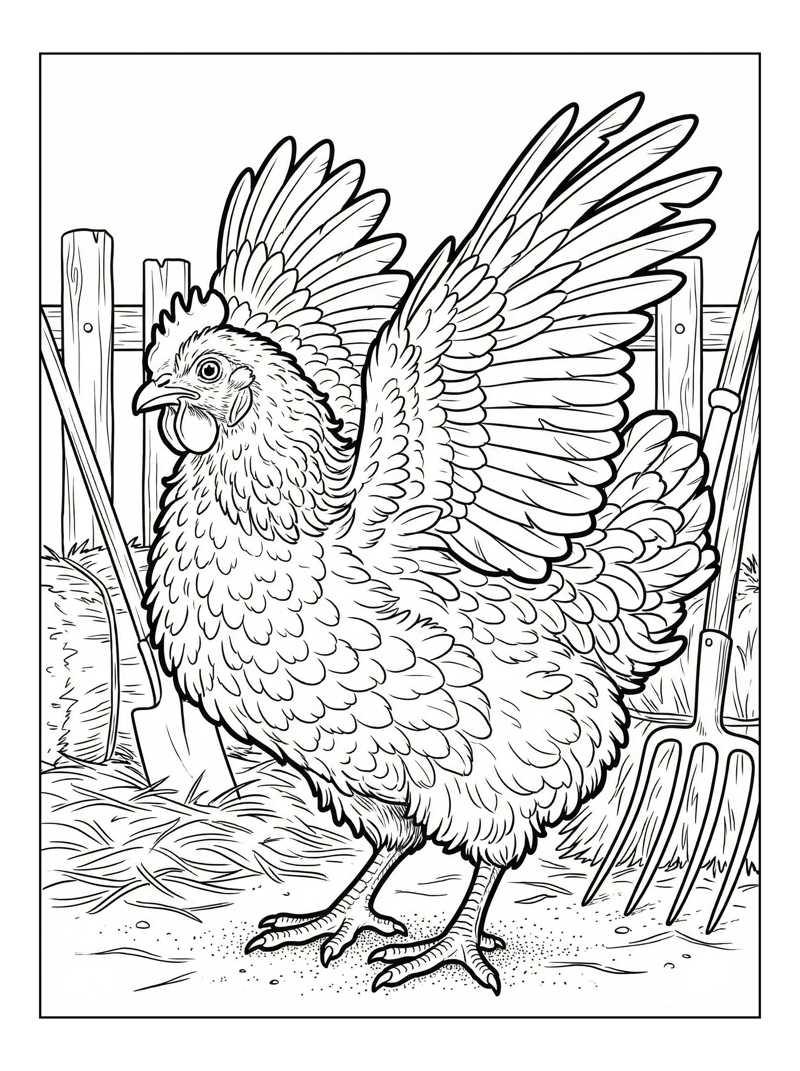 Frizzle Chicken Stretching Wings In Barnyard