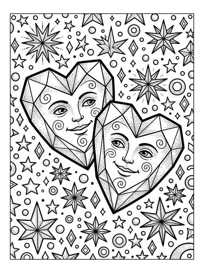 Geometric Crystal Hearts With Stars