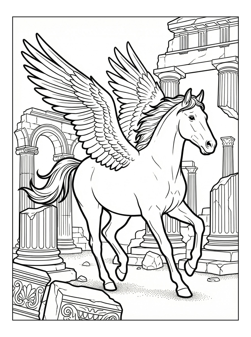 Winged Stallion Trotting Among Greek Ruins