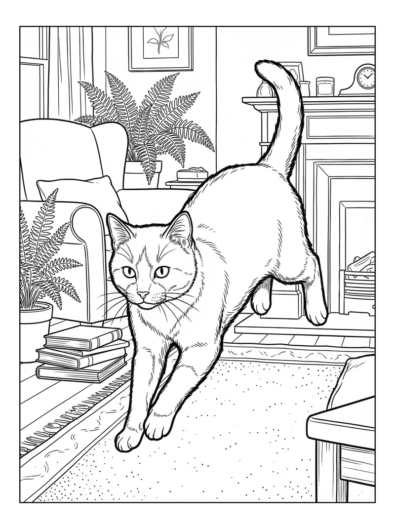Tuxedo Cat Leaping In Living Room