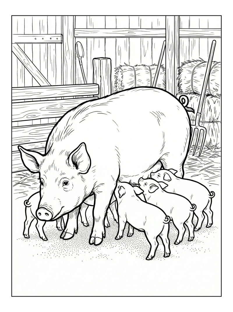 Farm Pig Nursing Piglets In Barn