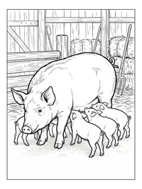 Farm Pig Nursing Piglets In Barn