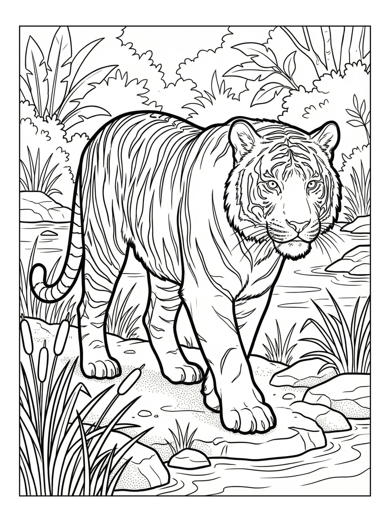 White Tiger Walking By Riverbank