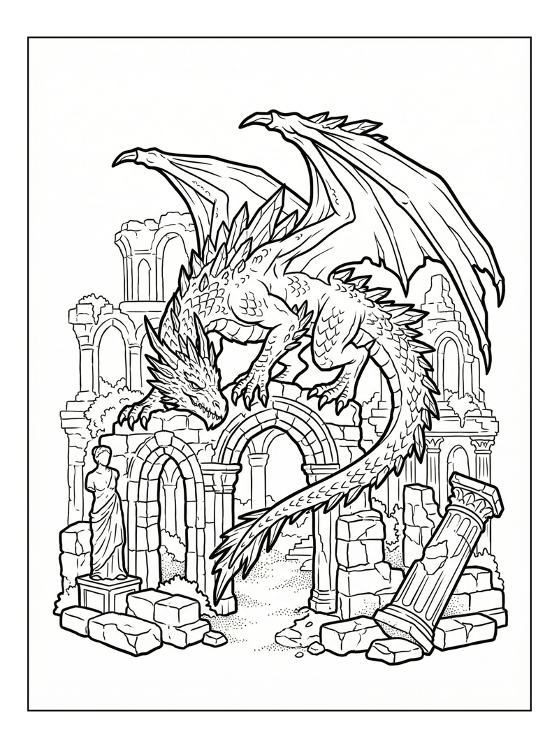 Ice Dragon Perching Among Ancient Ruins