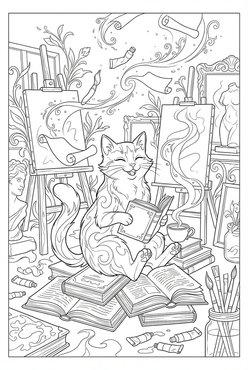 Tuxedo Cat Reading Book In Art Studio