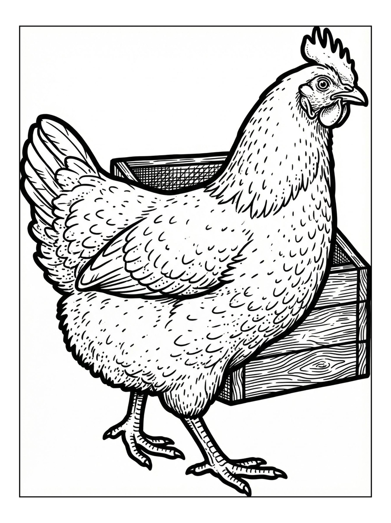 Farmyard Hen Stands By Nesting Box
