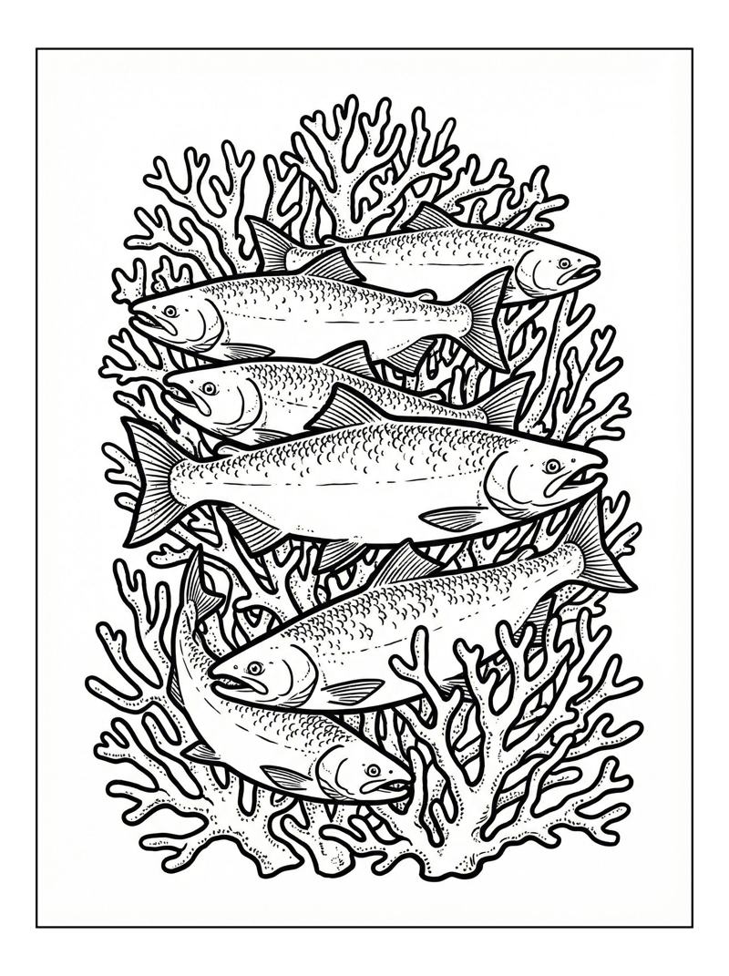 Six Salmon Fish In Coral Reef