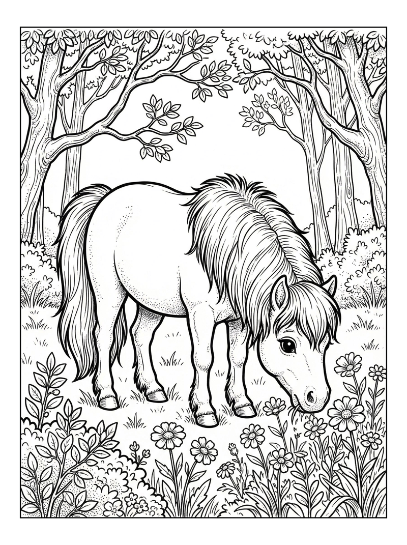 Pony Grazes In Flower Field