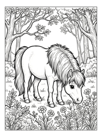 Pony Grazes In Flower Field