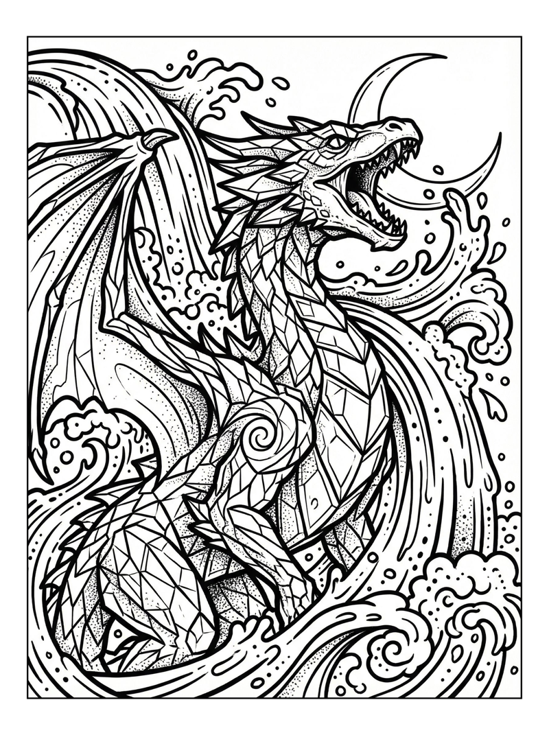 Crystal Scaled Dragon Roaring Moon Waterfall