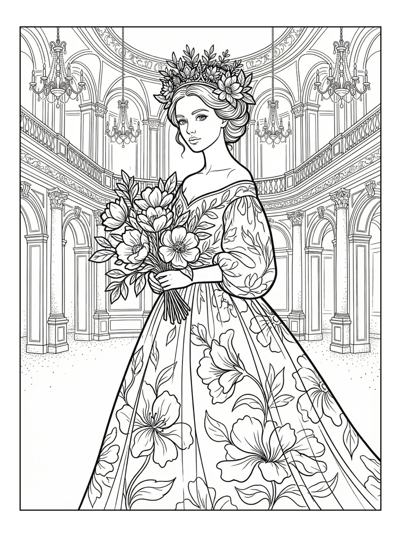 Flower Princess Holding Bouquet In Ballroom