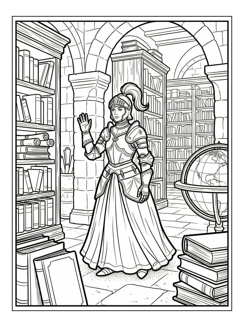 Knight Princess Waving In Castle Library