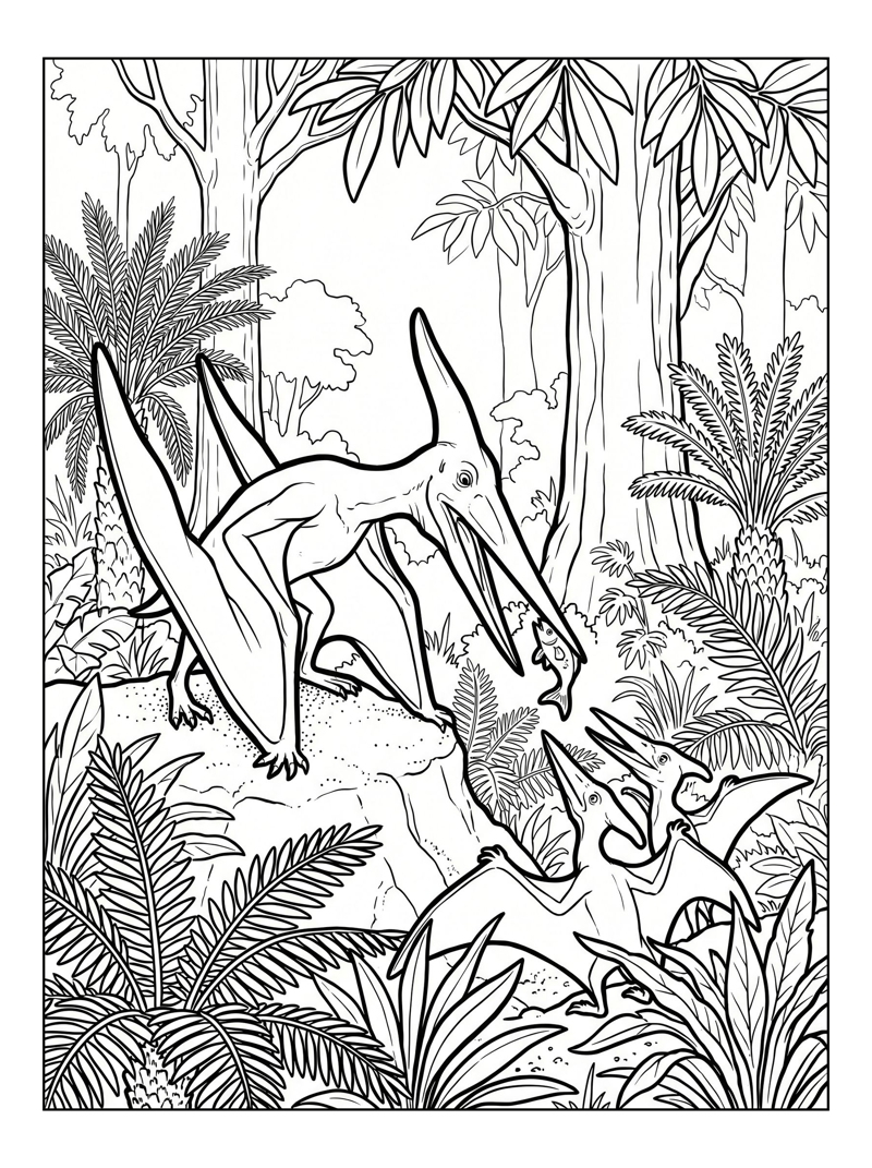 Pterodactyl Mother Feeding Her Babies In Jungle
