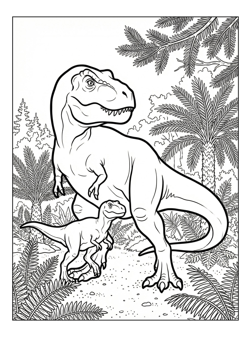 Tyrannosaurus Father Baby Exploring Forest