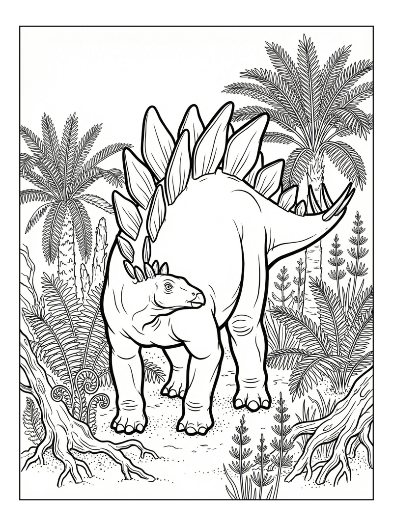 Stegosaurus With Baby In Jungle Marsh