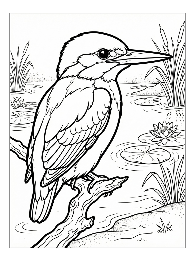 Kingfisher Perched By Pond With Lilies