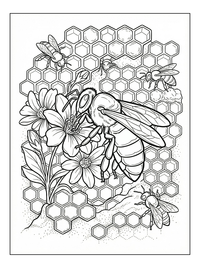 Coloring page of Bee Pollinating Flowers In Honeycomb