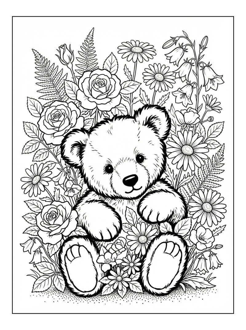 Teddy Bear Peeking In Flower Garden