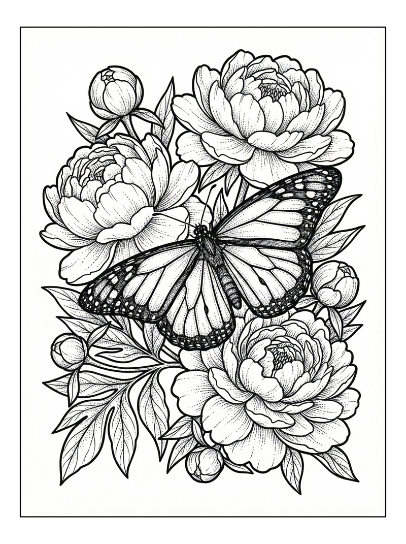 Monarch Butterfly Rests On Peony Flowers
