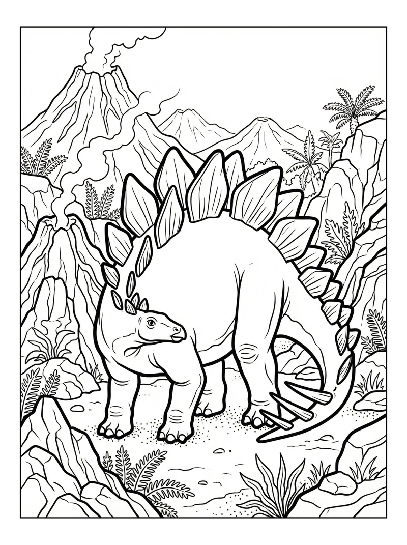 Stegosaurus With Baby Volcanic Landscape