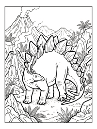 Stegosaurus With Baby Volcanic Landscape