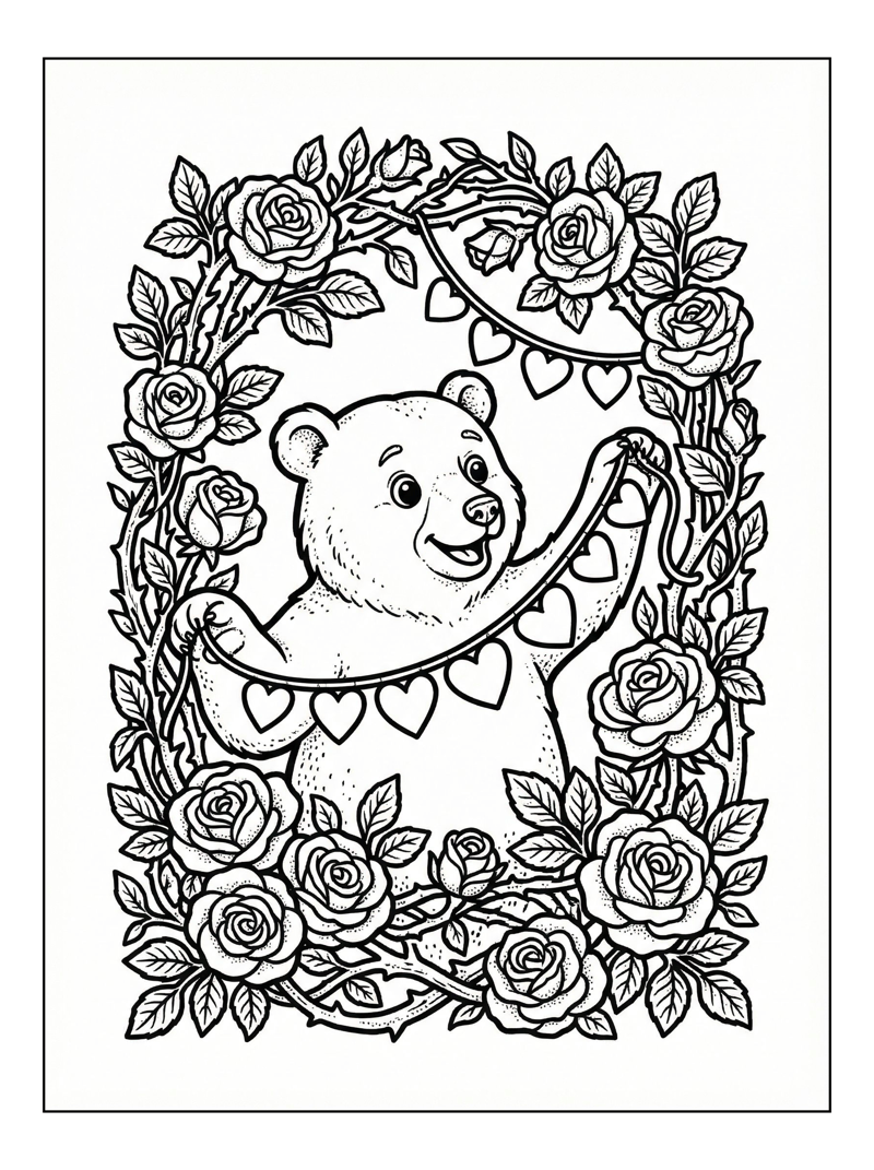 Bear Stringing Heart Bunting In Rose Archway