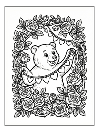Bear Stringing Heart Bunting In Rose Archway