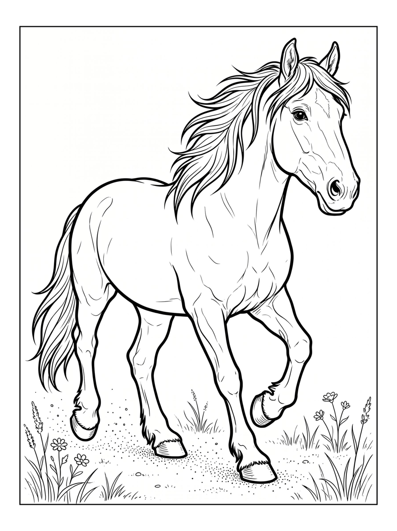 Coloring page of Shire Horse Trotting In Open Prairie