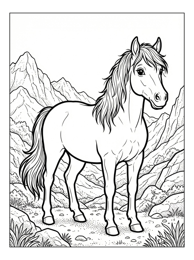 Farm Horse Standing In Mountains