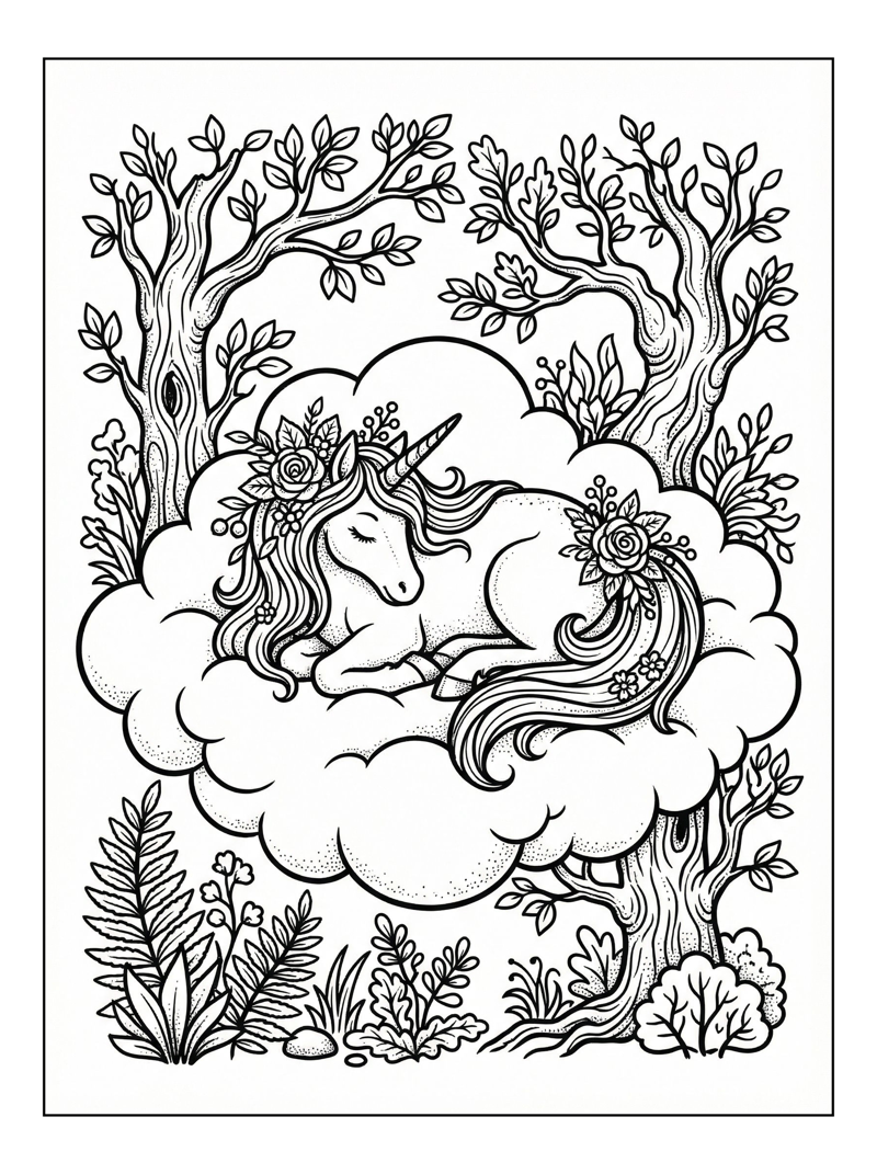 Unicorn Sleeping On Cloud In Forest