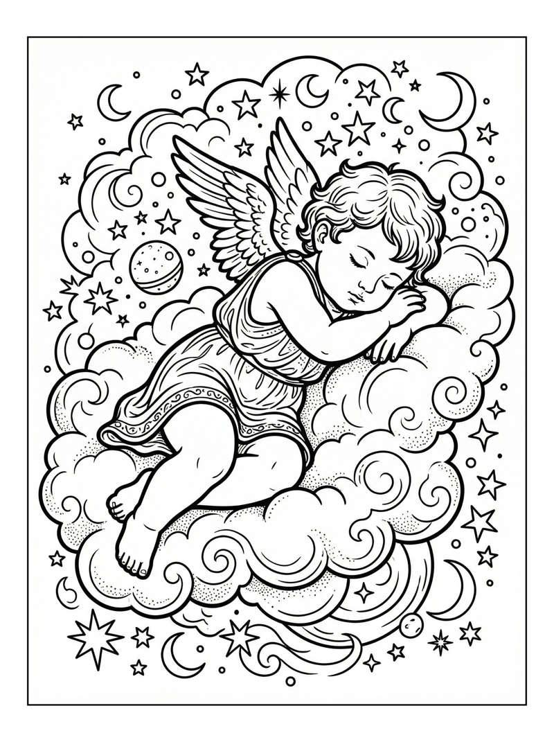 Toddler Cupid Resting On Celestial Cloud