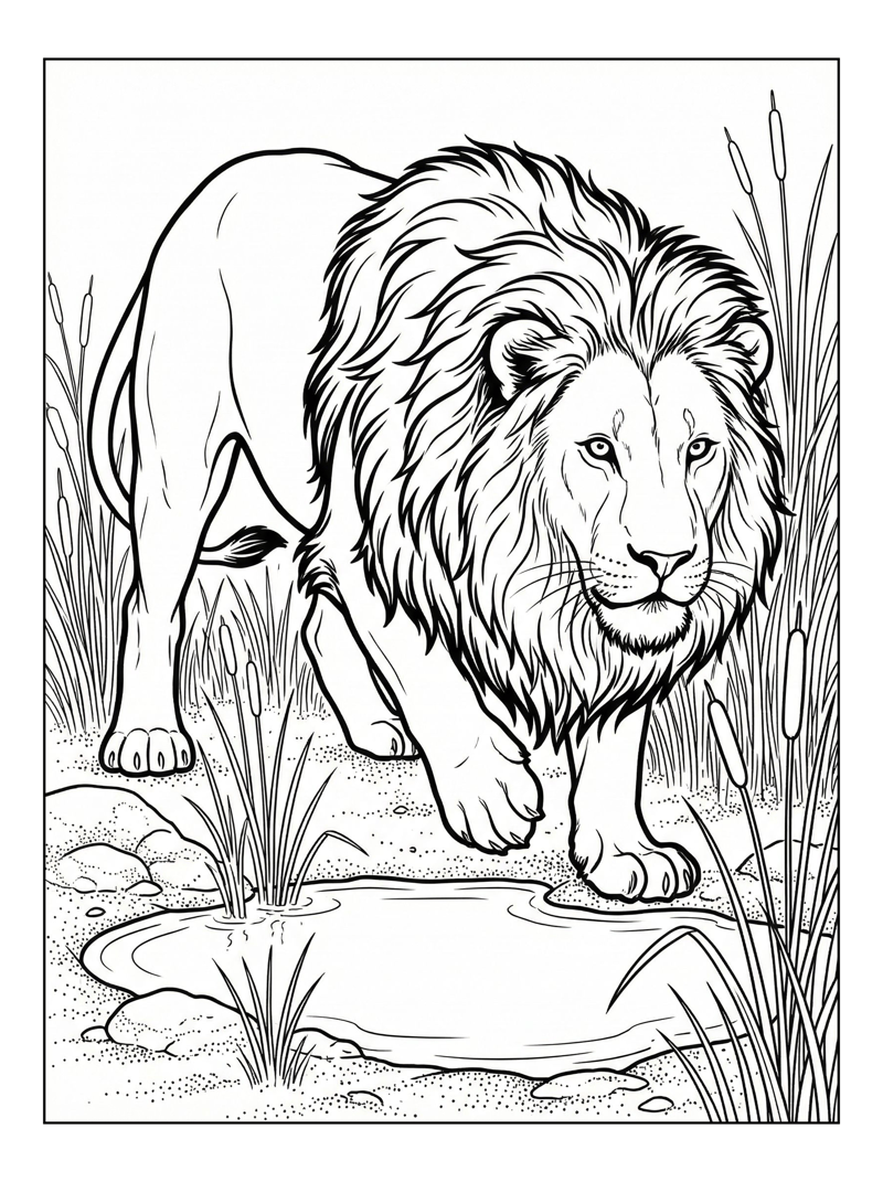 King Lion Prowling Watering Hole