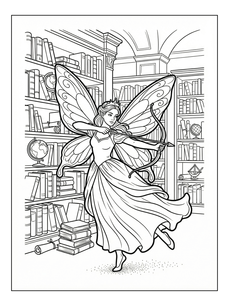 Fairy Princess Aiming Bow In Castle Library