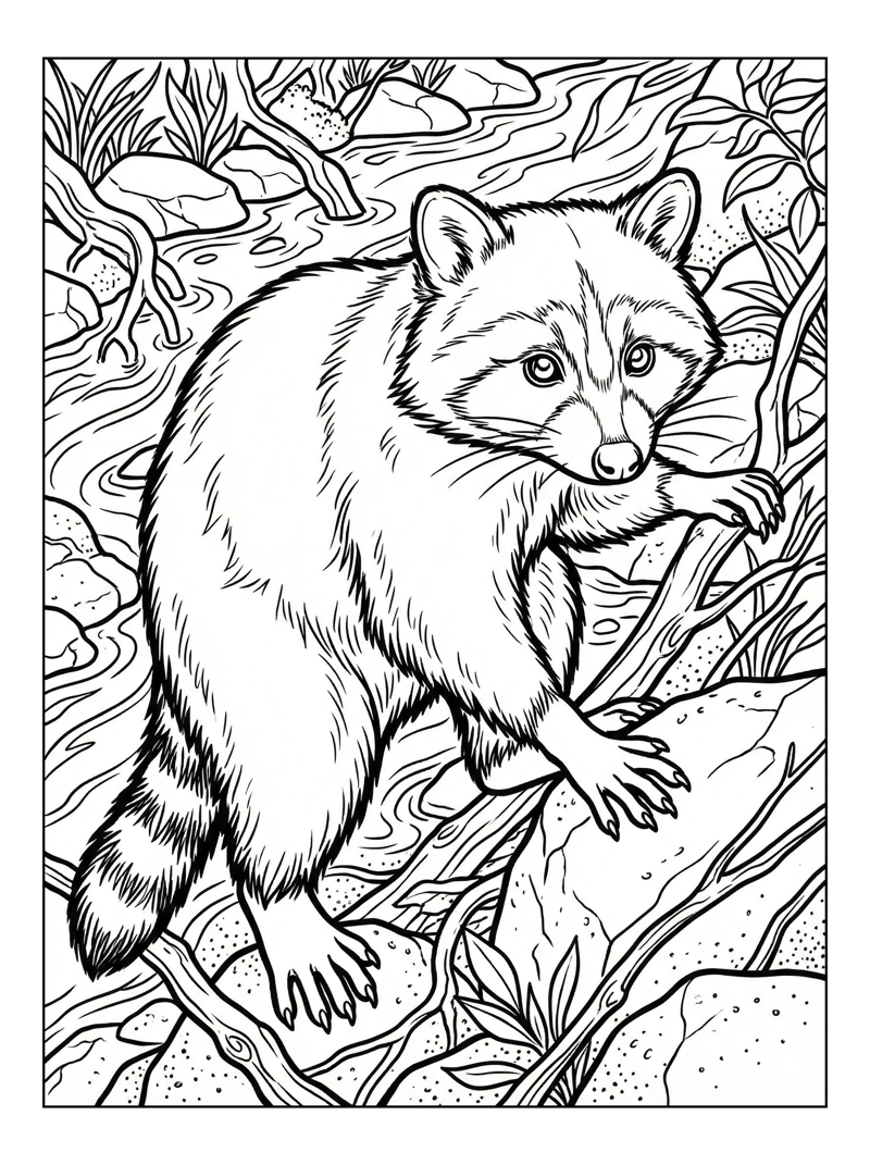 Raccoon Climbs Rocks In Creek Bed