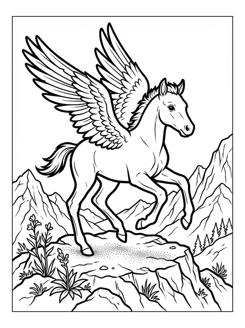 Winged Foal Prancing On Mountaintop