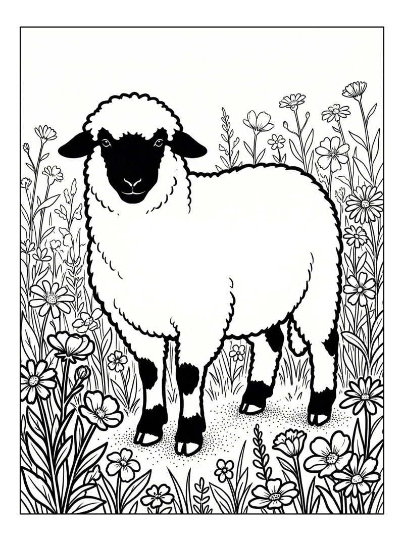Valais Blacknose Sheep Stands Amid Wildflowers