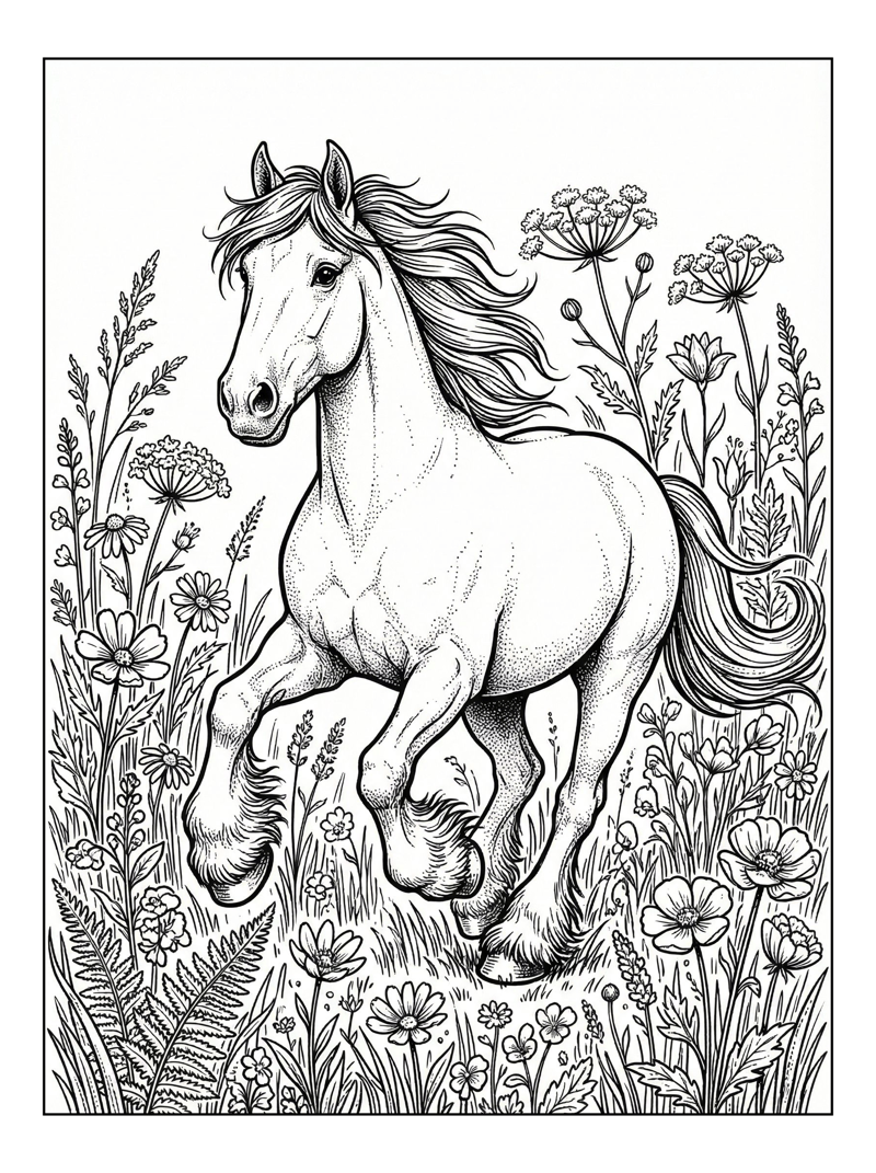 Clydesdale Horse Gallops Through Meadow