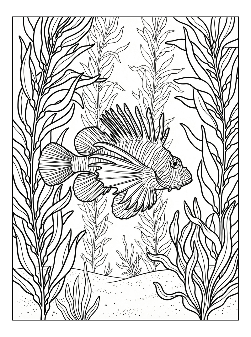 Lionfish Swimming Among Kelp Plants