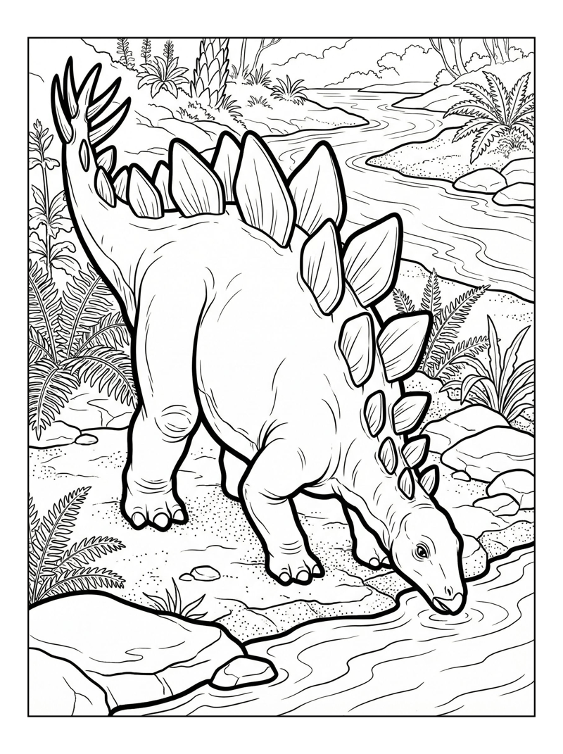 Hatchling Stegosaurus Drinking By River Bank