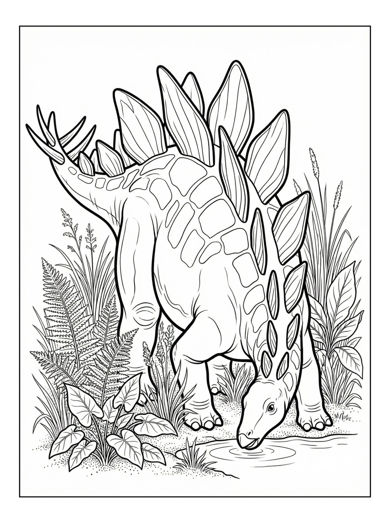 Stegosaurus Drinking In Lush Meadow