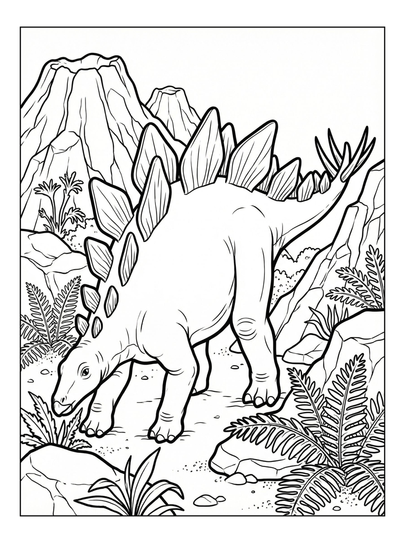 Stegosaurus Grazing Volcanic Landscape