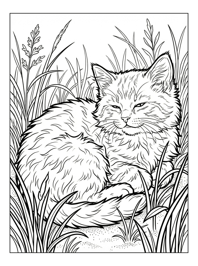 Kitten Resting In Tall Grass