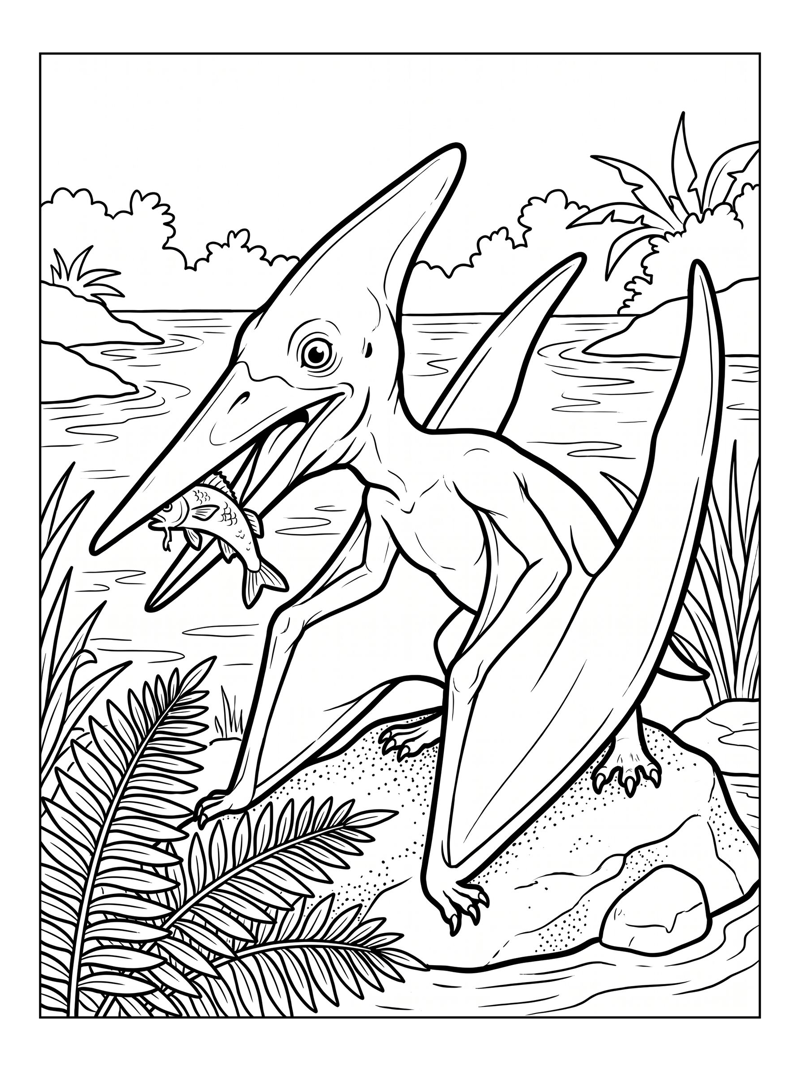 Pterodactyl Eating Fish In Lagoon